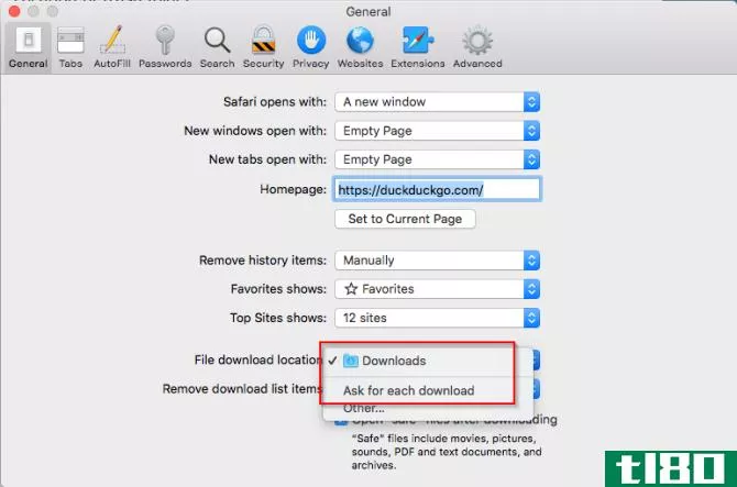 change the downloads folder location in safari