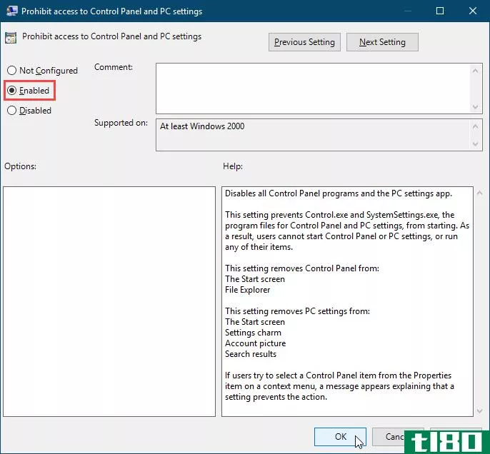 Enable the Prohibit access to Control Panel and PC Settings setting in the Local Group Policy Editor in Windows 10