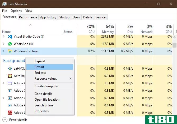 Restarting Windows Explorer in task manager