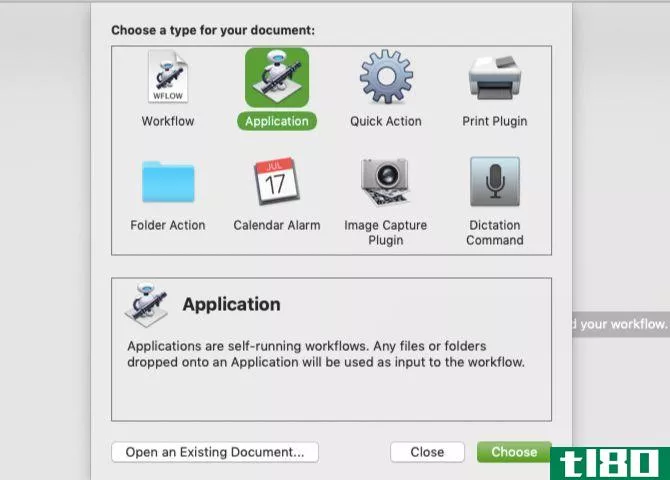 choose Application as the document type in the Automator template chooser on Mac