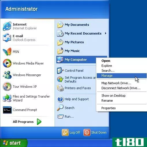 This screen capture shows the Windows XP Start menu