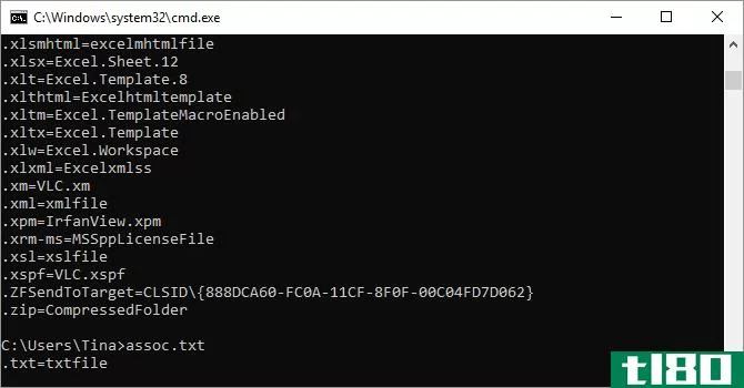 Screenshot of Windows command prompt with assoccommand.