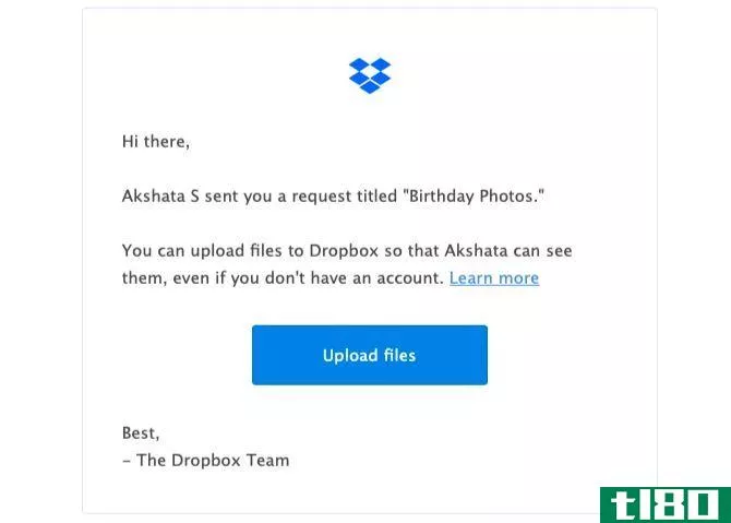 File request email sent to a Dropbox user for uploading files