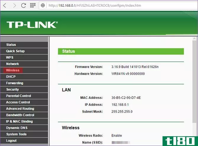 Windows 10 TP-Link router config sidebar navigation