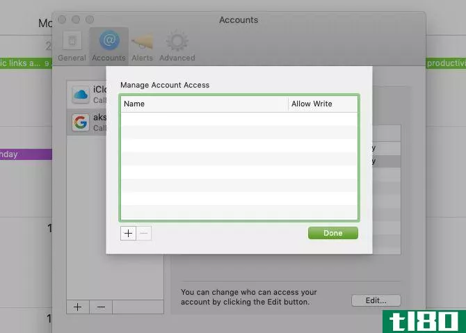 Delegation tab for an account in Calendar settings on Mac
