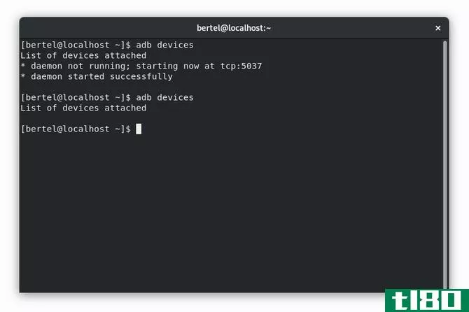 Linux terminal showing the "adb devices" command with no result