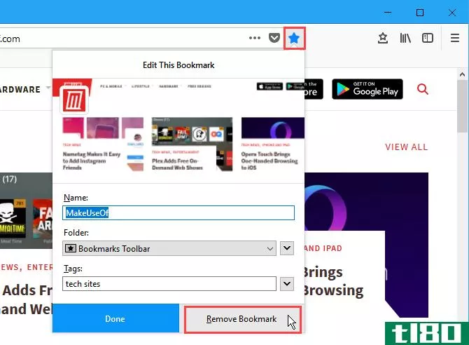 Click Remove Bookmark on the Edit This Bookmark dialog box in Firefox