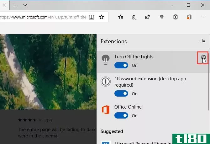 Click the gear icon for the Turn Off the Lights extension in Edge