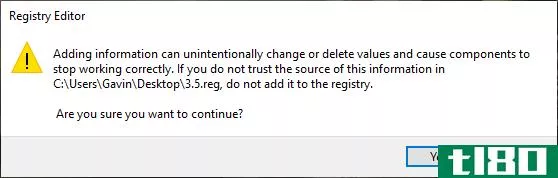 windows registry import key warning