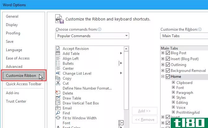 Go to File > Opti***, then click Customize Ribbon in Microsoft Word