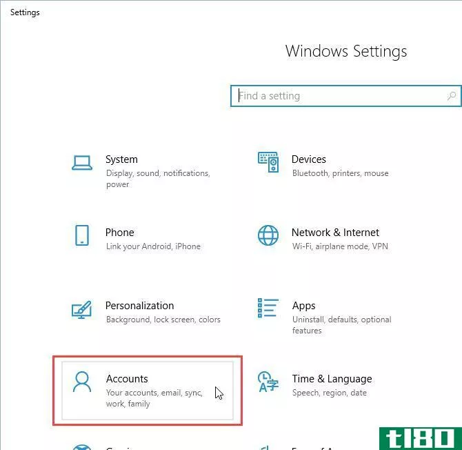 Click Accounts in Settings in Windows 10
