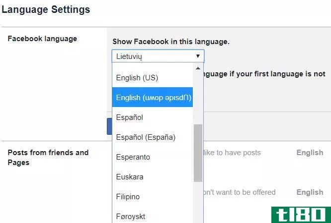 upside down language option facebook