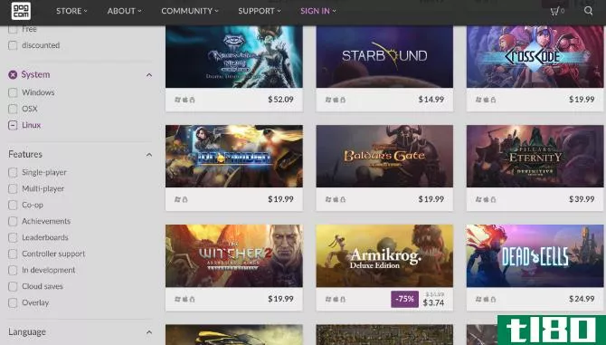 The GOG website listing games available on Linux