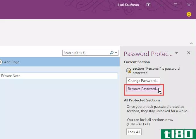 Click Remove Password in OneNote 2016