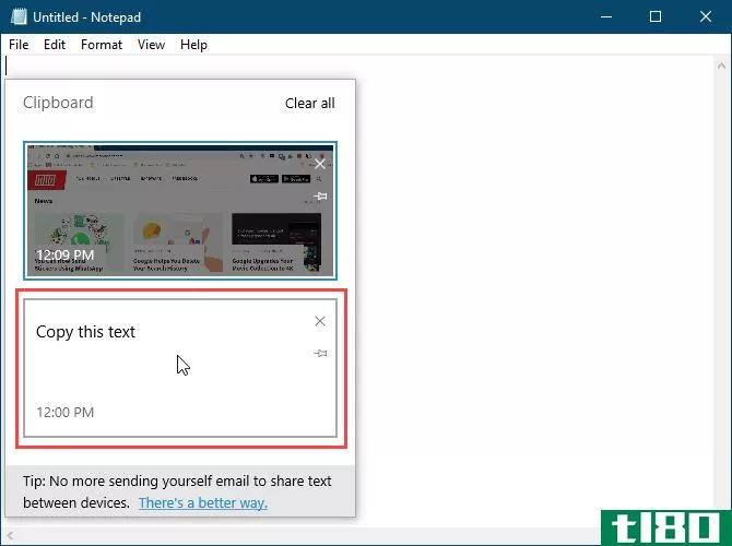 Click an item on the clipboard to paste it into Notepad in Windows 10