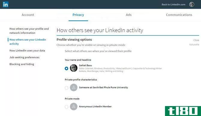 LinkedIn Profile Visibility Settings Page