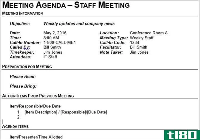 Vertex42 Meeting Agenda for a staff meeting
