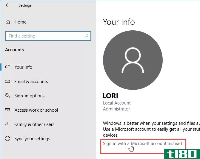 Sign in with a Microsoft account instead in Windows 10 Settings