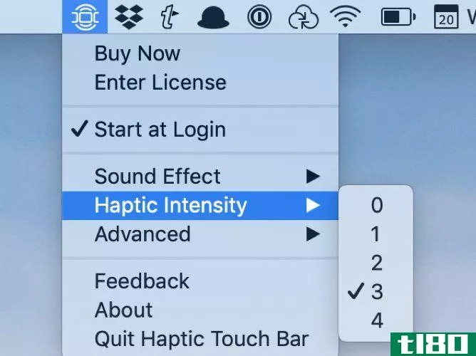 The Haptic Touch Bar settings menu