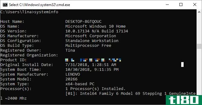 Systeminfo command as seen on Windows 10.
