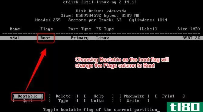 cfdisk screen, choosing boot as the boot falg