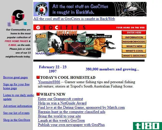 Screenshot of GeoCities' website in 1997