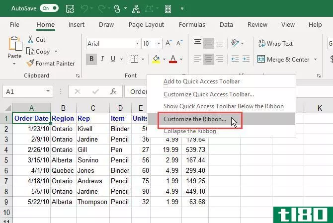 Select Customize the Ribbon on the Excel ribbon right-click menu