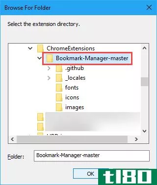 The Browse For Folder dialog box for selecting an extension's folder to install it in Chrome