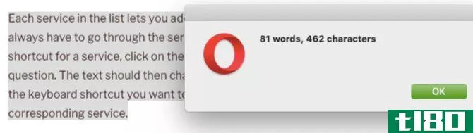 Output of word counter service in Opera on macOS