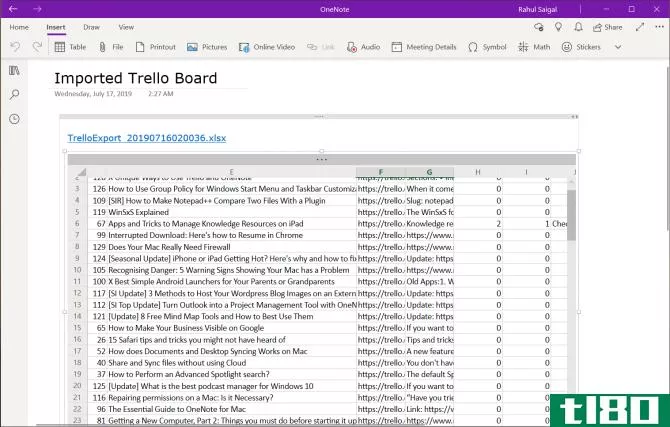 import trello board in OneNote