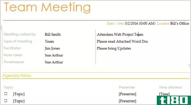 TidyForms informal Team Meeting agenda template