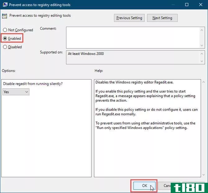 Enable the Prevent access to registry editing tools setting in the Local Group Policy Editor