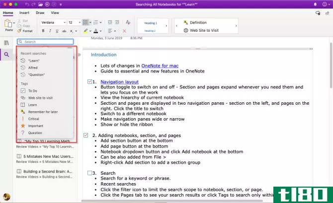 search notes in OneNote Mac