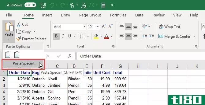 Paste Special option on the Home tab on the Excel ribbon