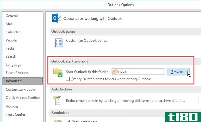 Change which folder opens when you start Outlook