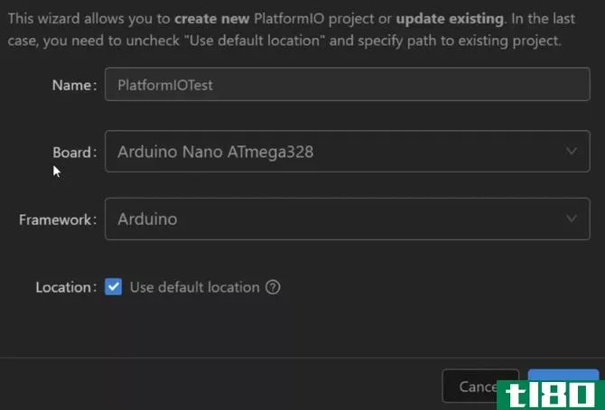 PlatformIO new project window
