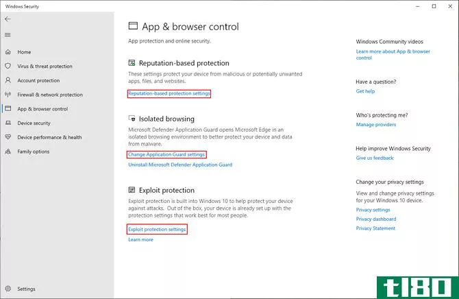 app and browser control settings in Windows Security