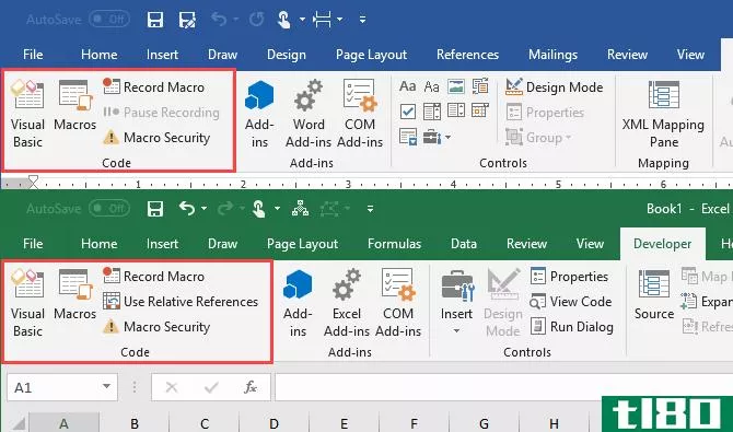 Code section on the Developer tab in Microsoft Word and Microsoft Excel