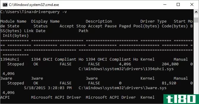 Windows command prompt showing driverquery command.