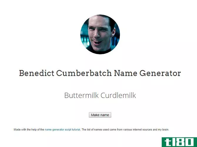 Screenshot from Benedict Cumberbatch Name Generator website