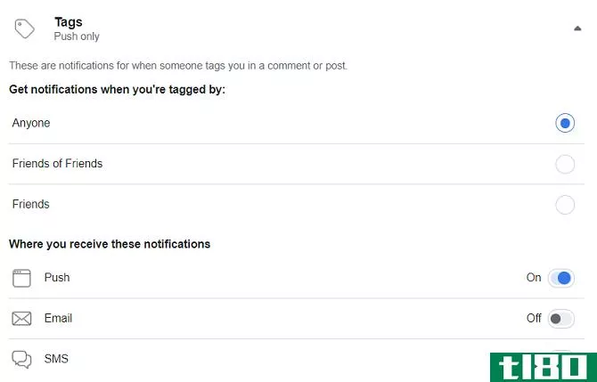 facebook turn off notification by category tags section