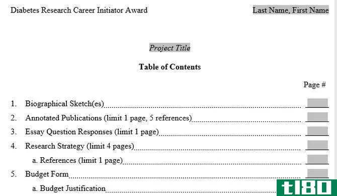 project table of contents