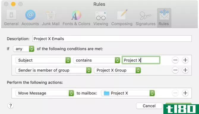 Move project emails Mac Mail rule