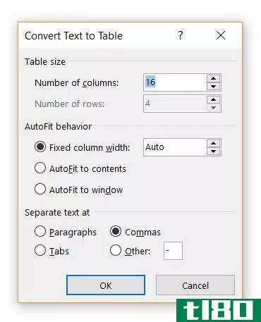 Specify rows and columns for table.