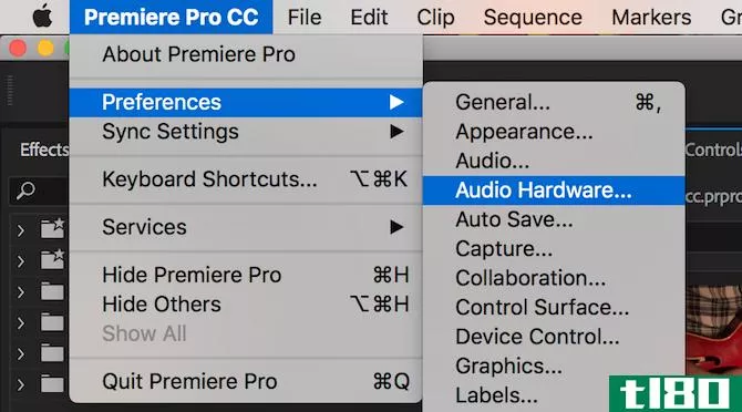 Premiere Pro audio hardware menu