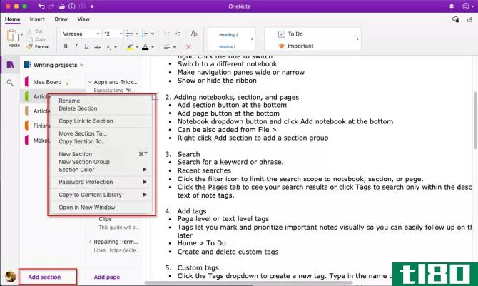 add section to OneNote Mac