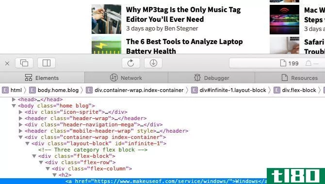 sample webpage data in Safari web inspector on Mac