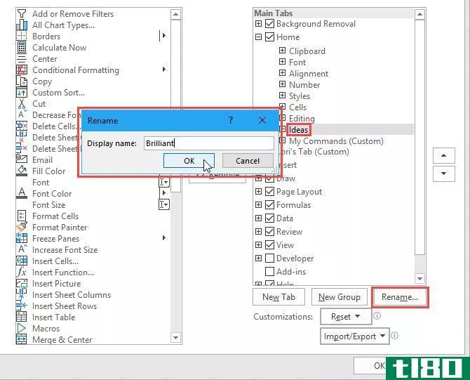 Rename a group on the Excel ribbon