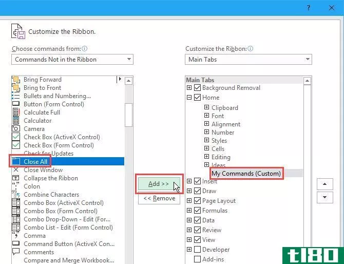 Add a command to a new group on the Excel ribbon