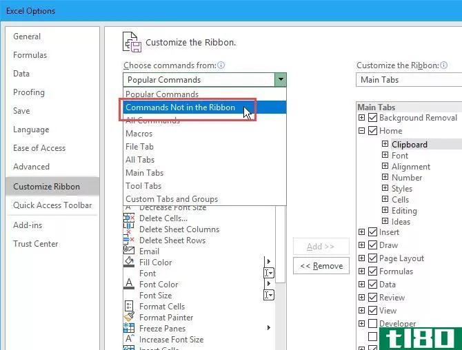 Select Commands Not in the Ribbon on the Excel Opti*** dialog box